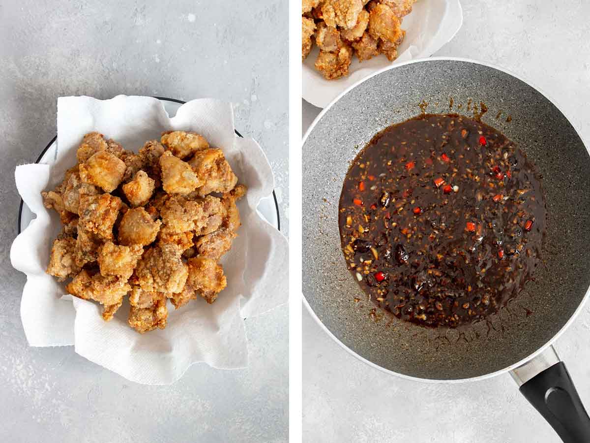 Set of two photos showing fried chicken pieces in a paper lined bowl and cooked sauce in a skillet.