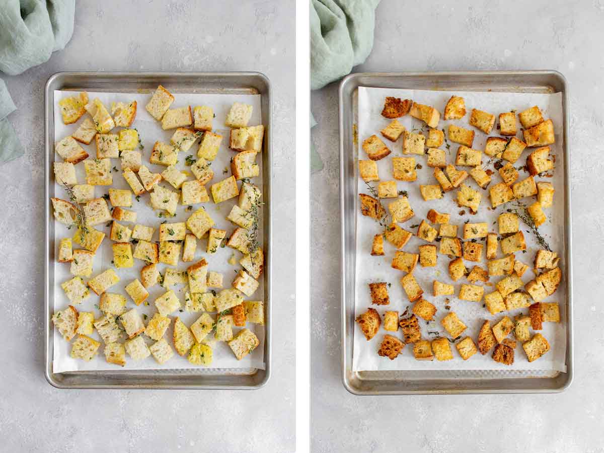Set of two photos showing sourdough croutons before and after baking on a sheet pan.