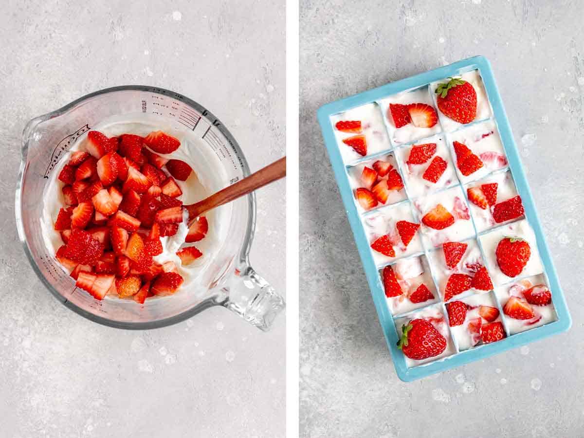 Set of two photos showing strawberries added to yogurt and transferred to an ice cube tray.