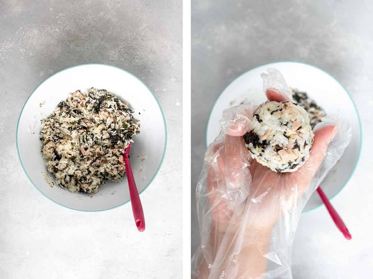 Set of two photos showing ingredients mixed together and rolled into a ball.