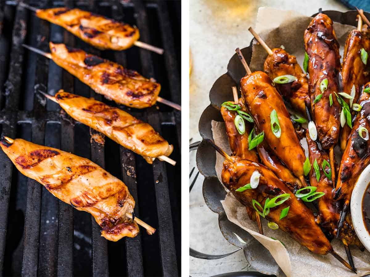 Set of two photos showing chicken skewers grilled and plated.