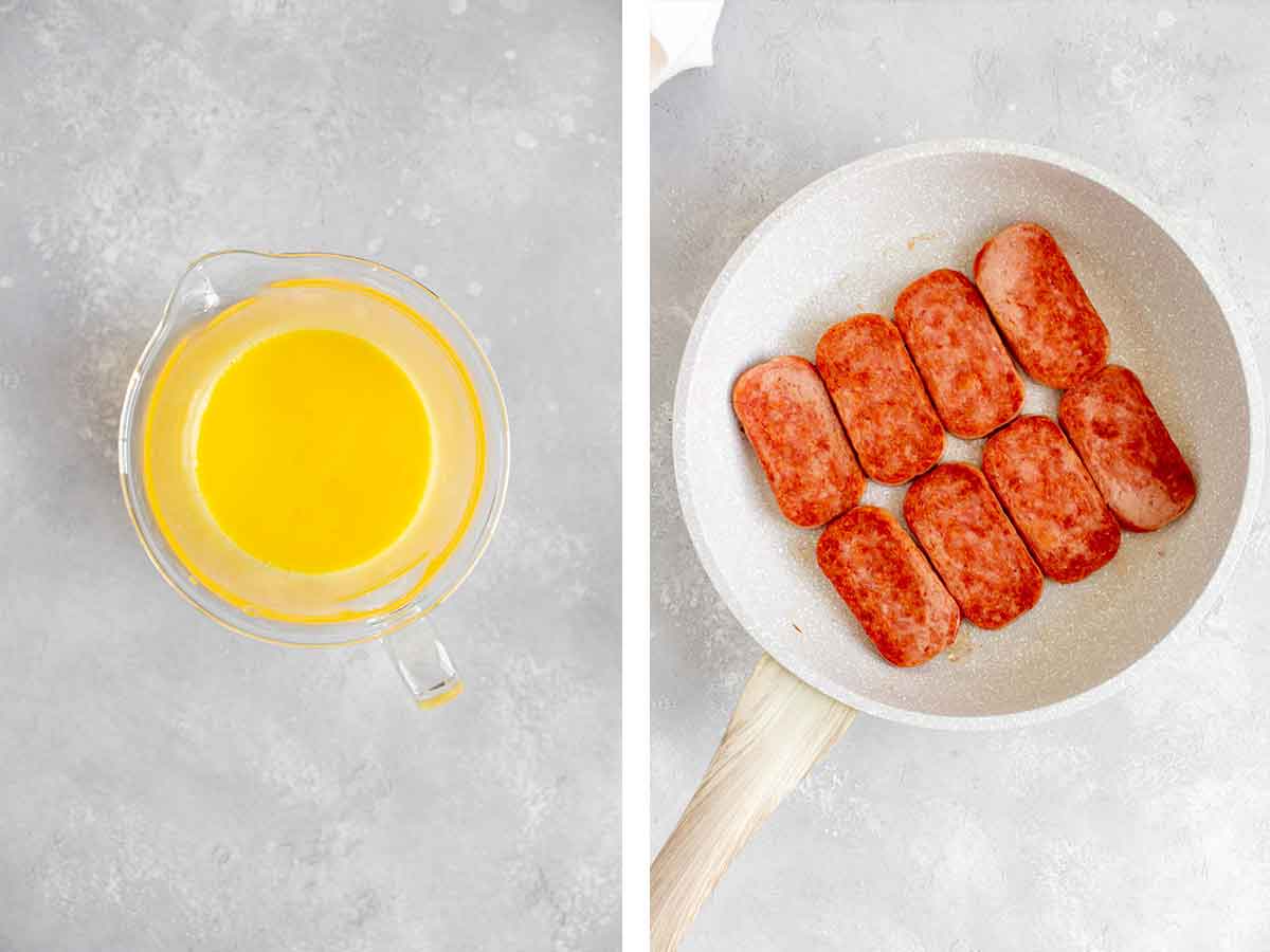 Set of two photos showing egg beaten and spam pan fried.
