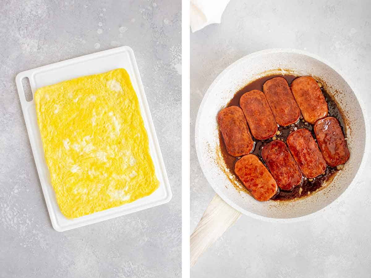 Set of two photos showing cooked egg in a rectangle and sauce added to pan fried spam.