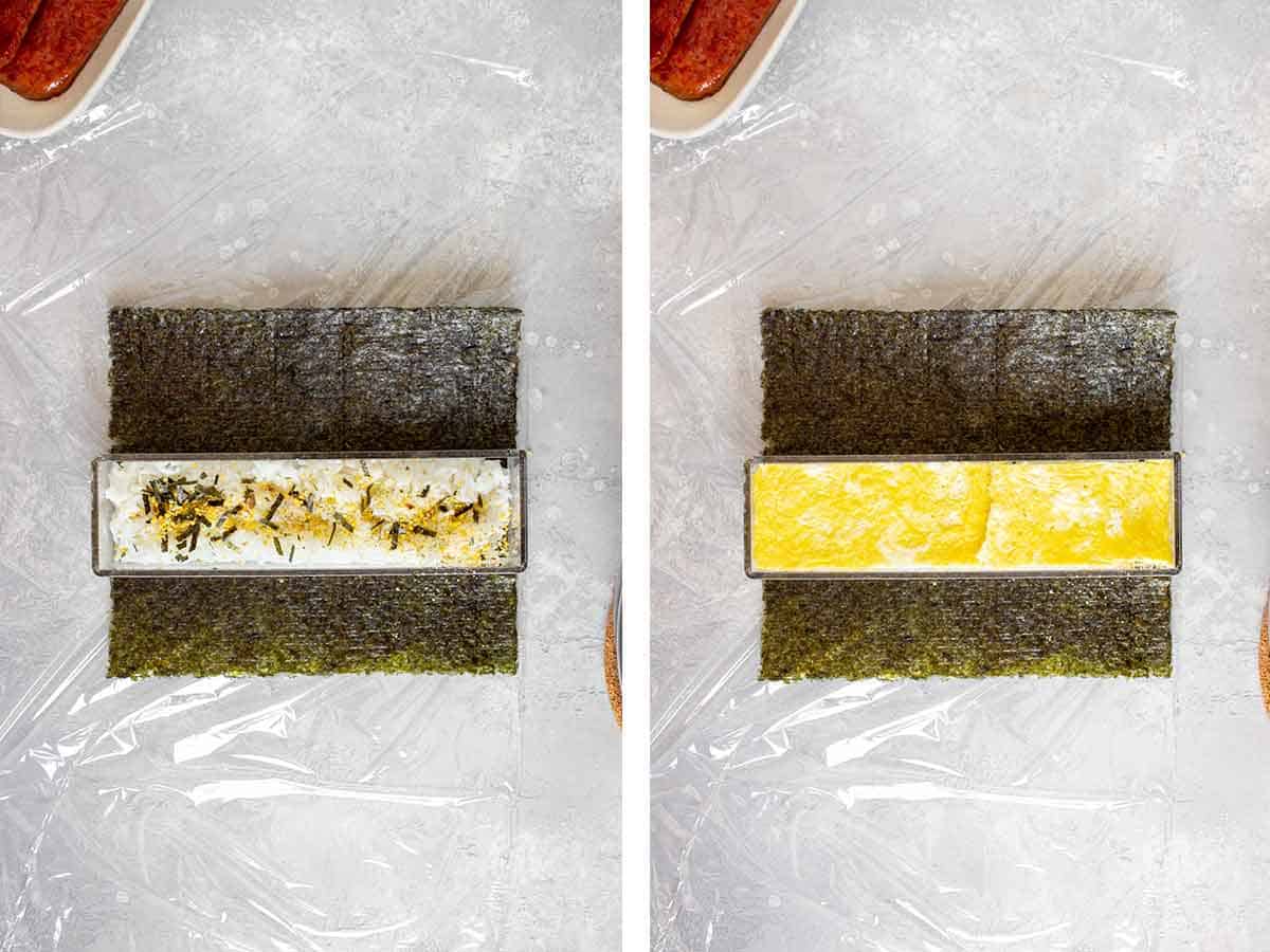 Set of two photos showing furikake and egg added on top of the rice.