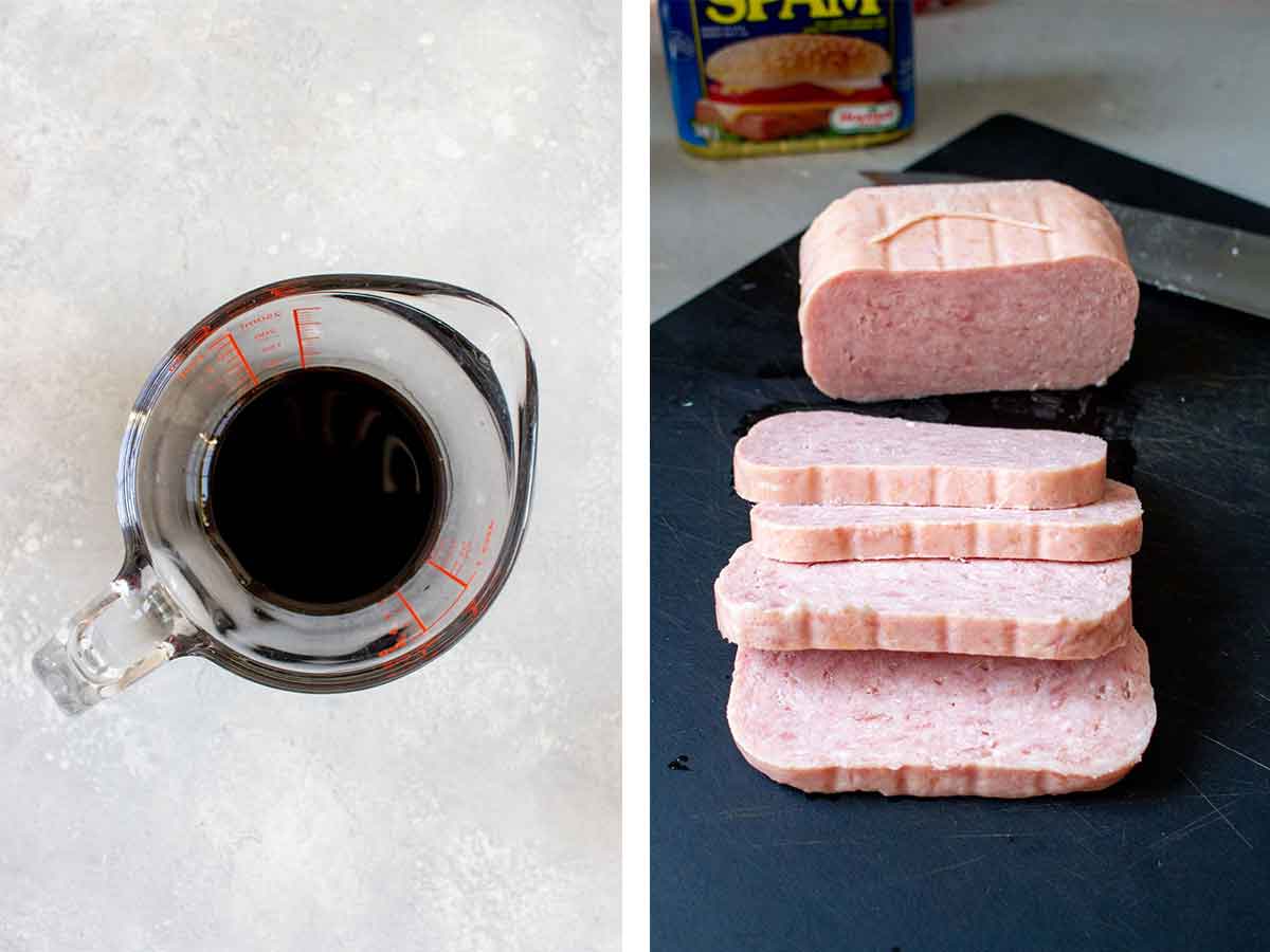Set of two photos showing sauce in a measuring cup and spam sliced.