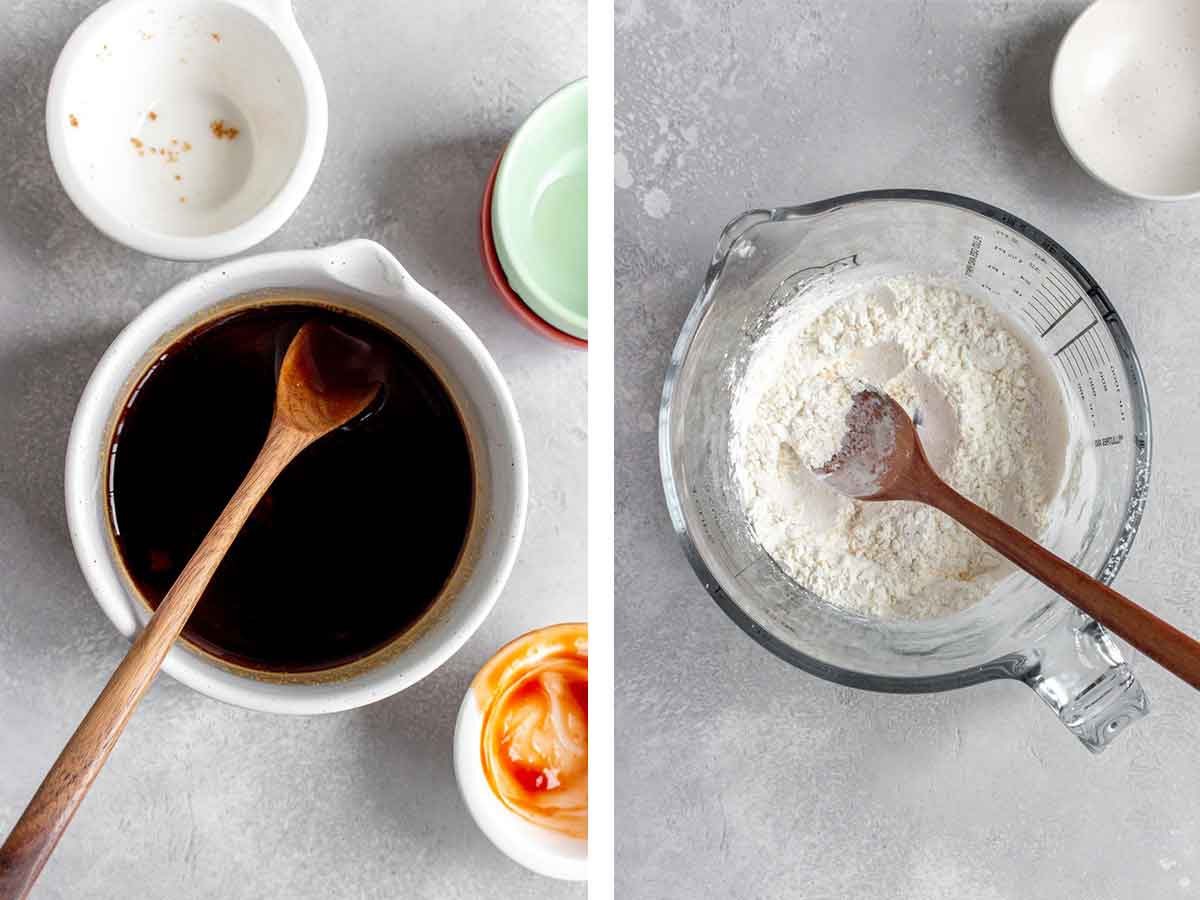 Set of two photos showing sauce mixed and cornstarch mixed with seasoning.
