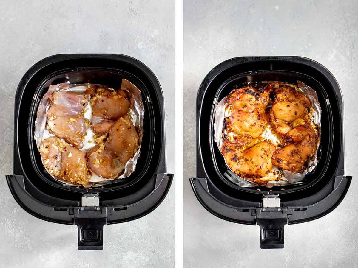 Set of two photos showing marinated chicken thighs in an air fryer basket.