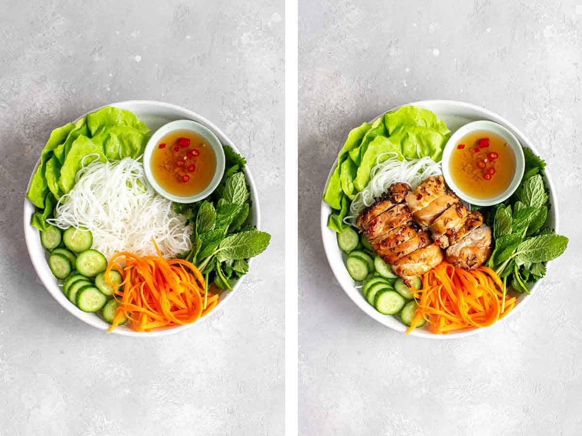 Set of two photos showing the noodle bowls before and after adding sliced lemongrass chicken thighs.