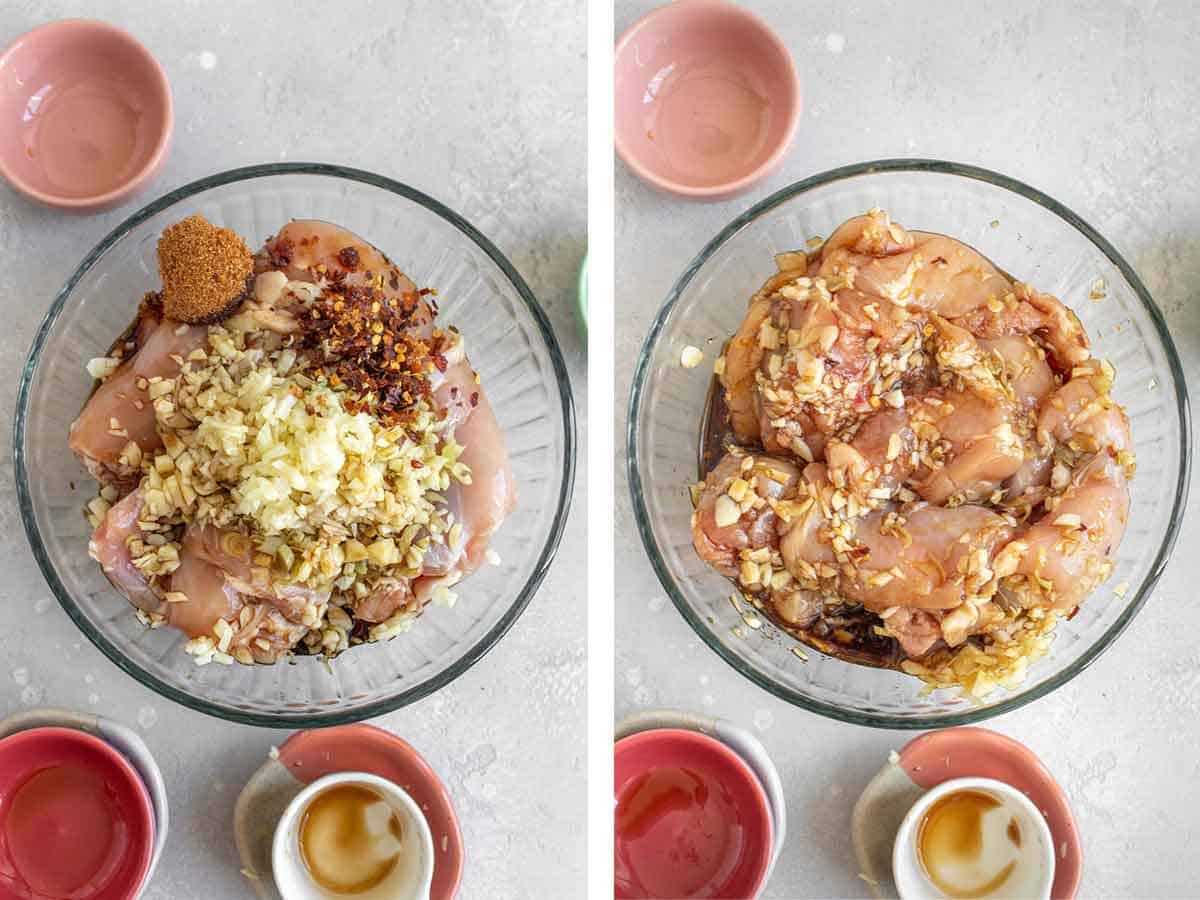 Set of two photos showing a bowl of chicken thighs with the marinade.