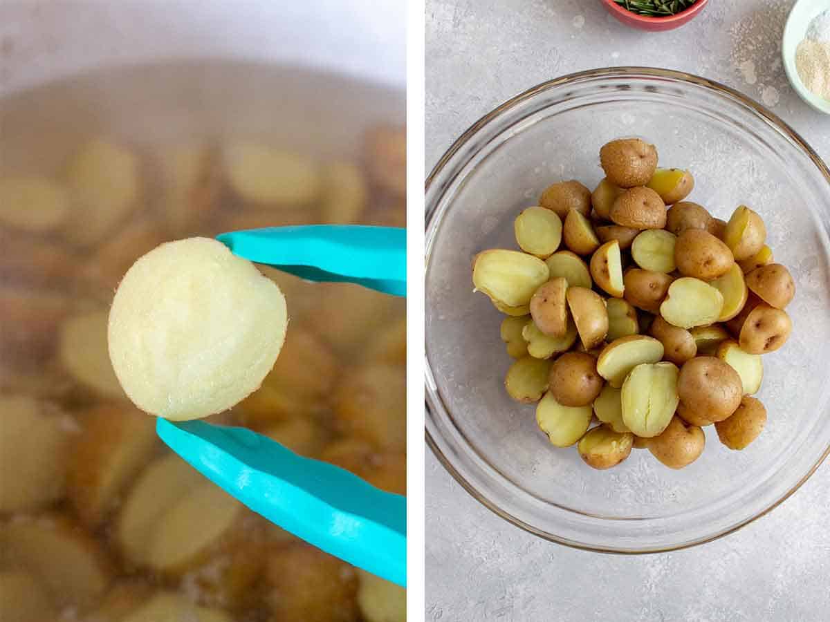 Set of two photos showing potatoes boiled and added to a bowl.