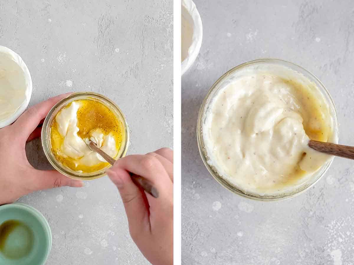 Set of two photos showing aioli ingredients mixed together.