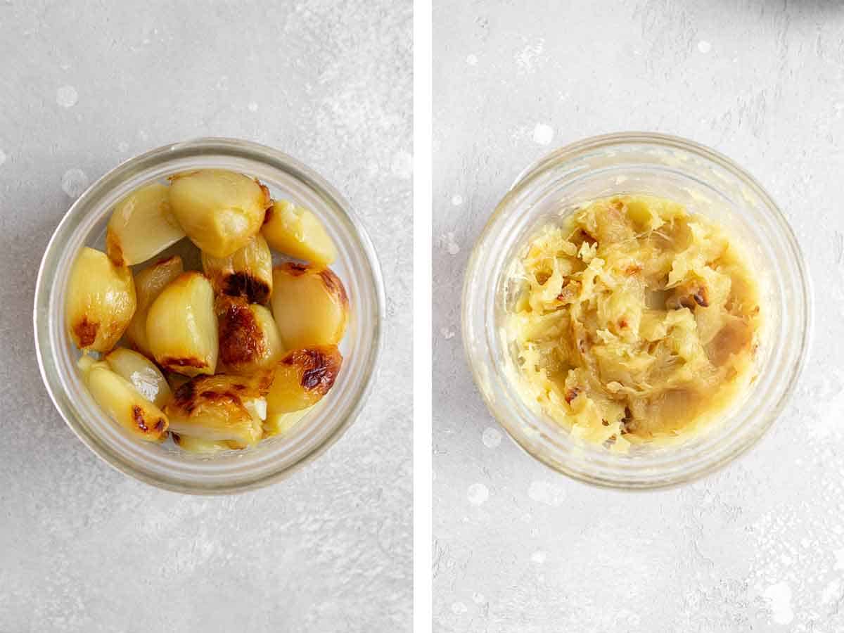 Set of two photos showing roasted garlic cloves before and after mashing.