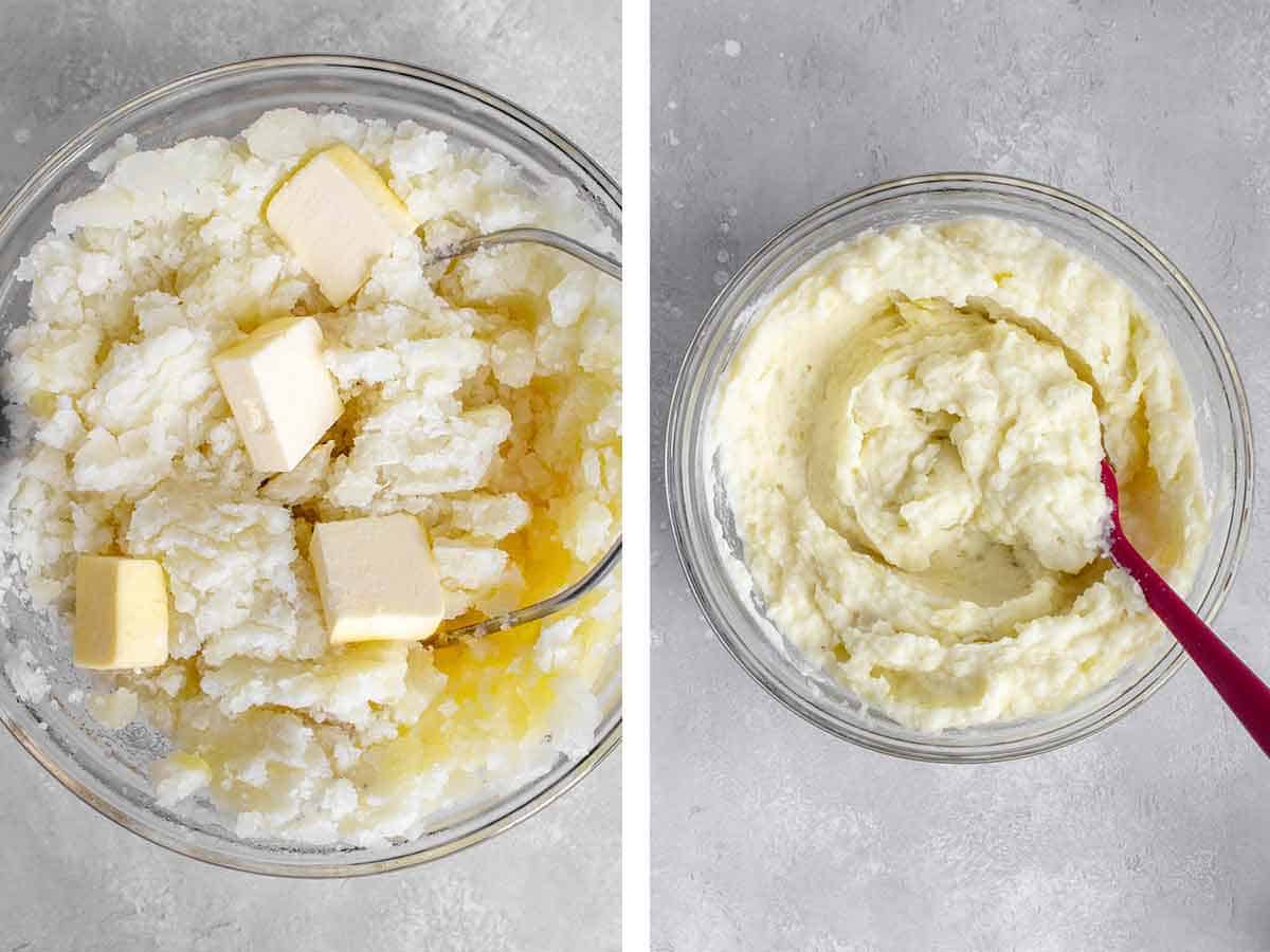 Set of two photos showing butter added to the mashed potatoes and mixed with herb infused cream.