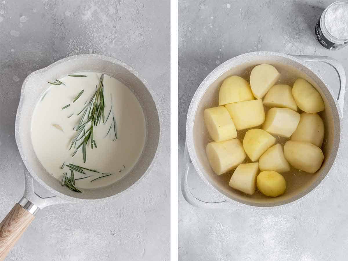 Set of two photos showing rosemary and garlic added to heavy cream to infuse and potatoes in a pot of water.