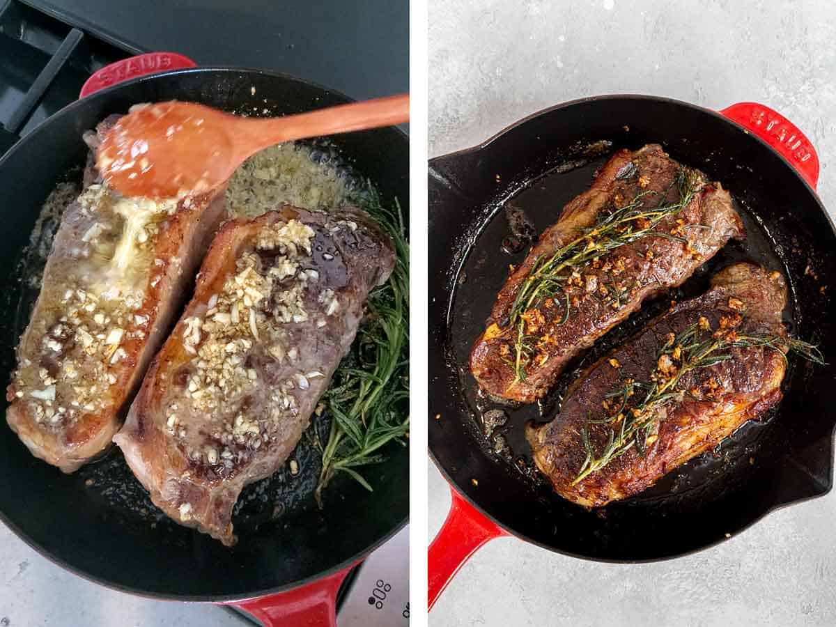 Set of two photos showing steaks basted and in a pan.