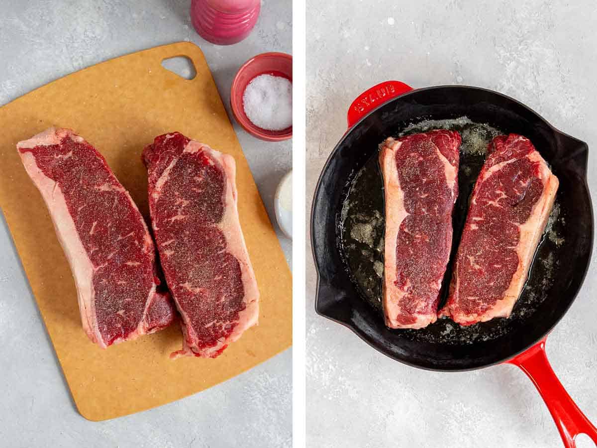 Set of two photos showing seasoned steak and steaks seared in a pan.