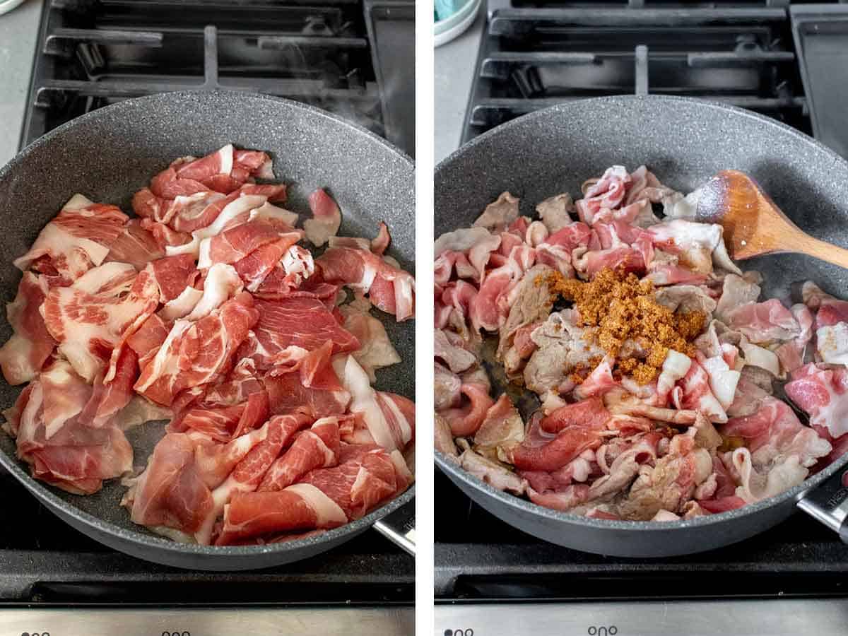 Set of two photos showing pork cooked in a skillet.