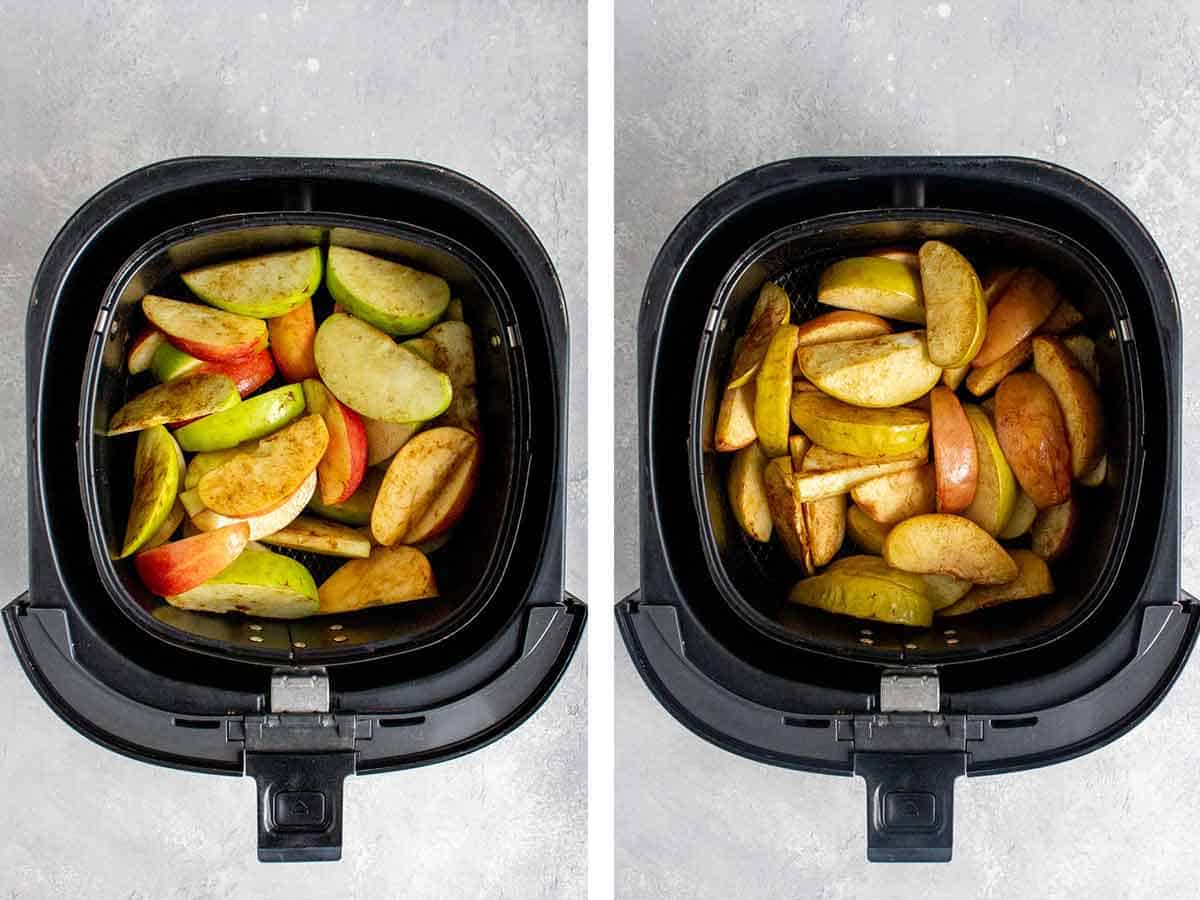 Set of two photos showing apple slices before and after air frying.