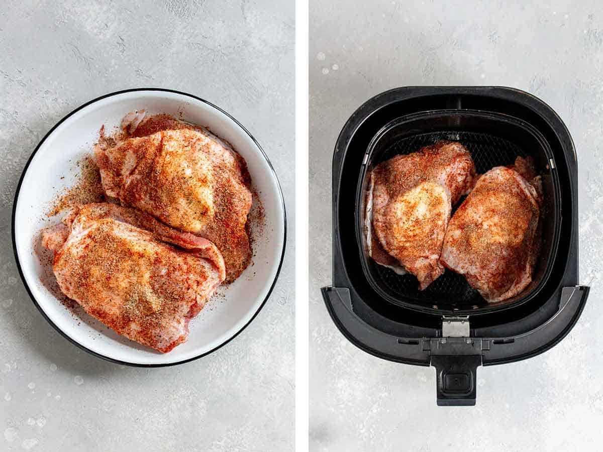 Set of two photos showing the meat seasoned and transferred to an air fryer basket.