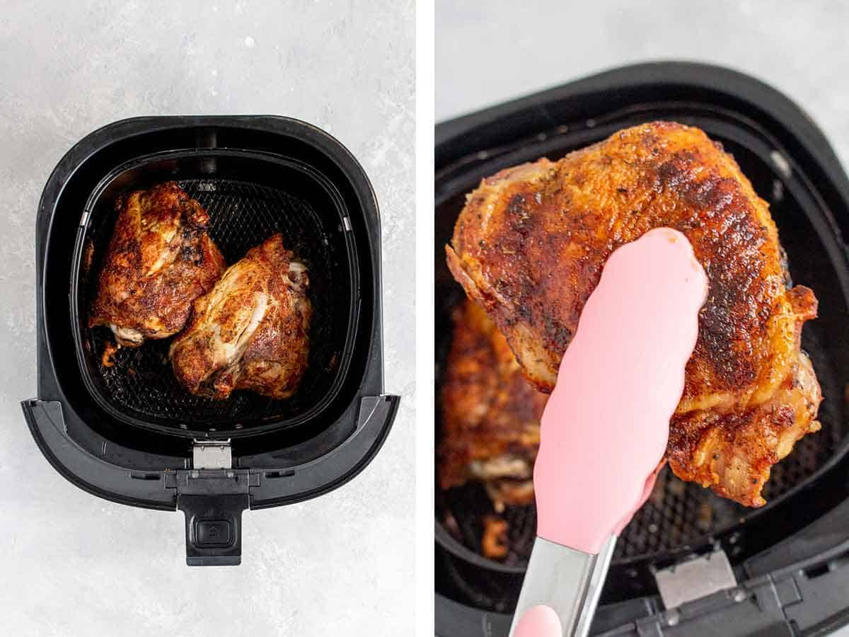 Set of two photos showing the turkey flipped in the air fryer basket and then lifted when done.
