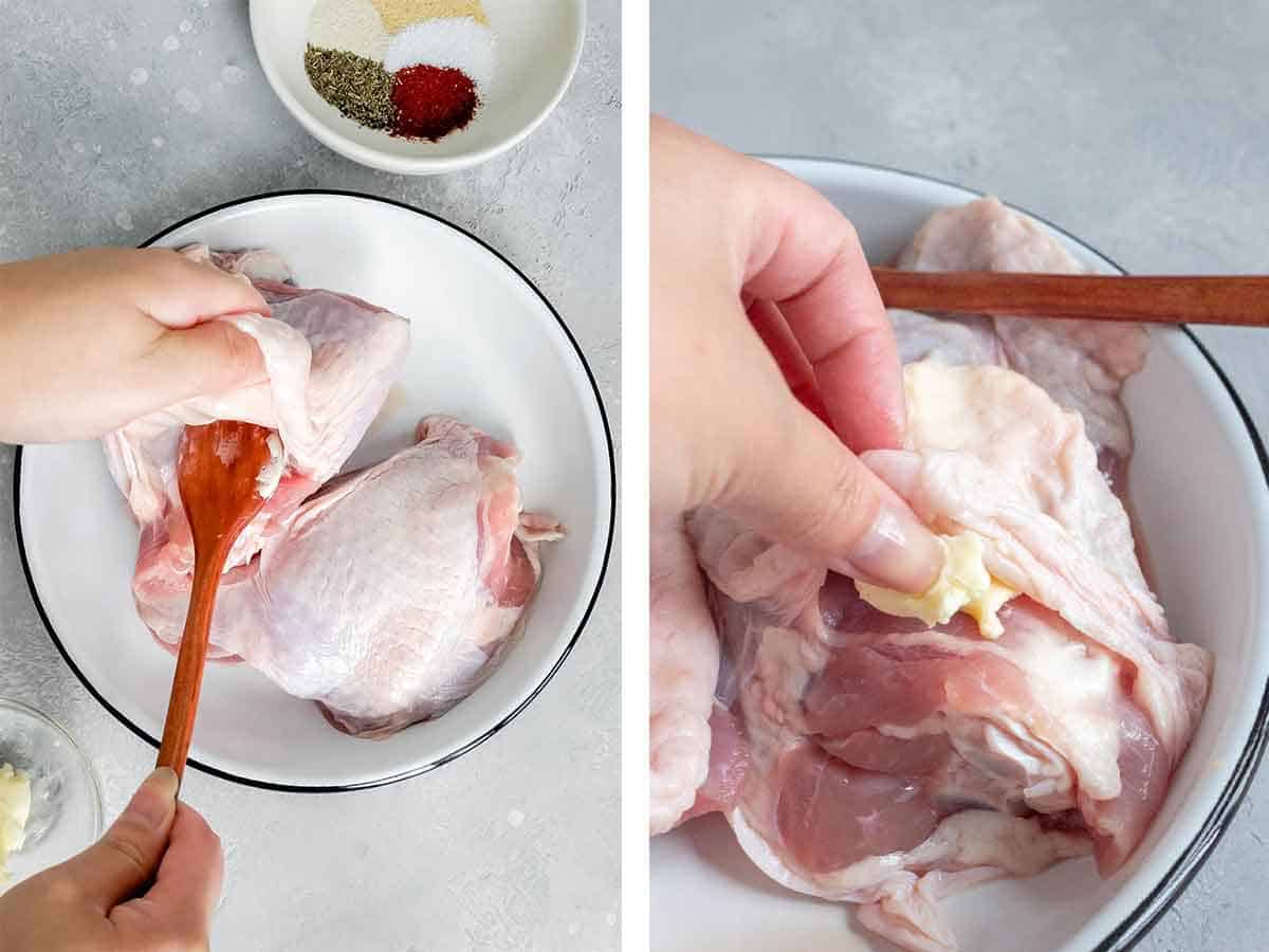 Set of two photos showing the skin off the turkey lifted and stuffed with butter.