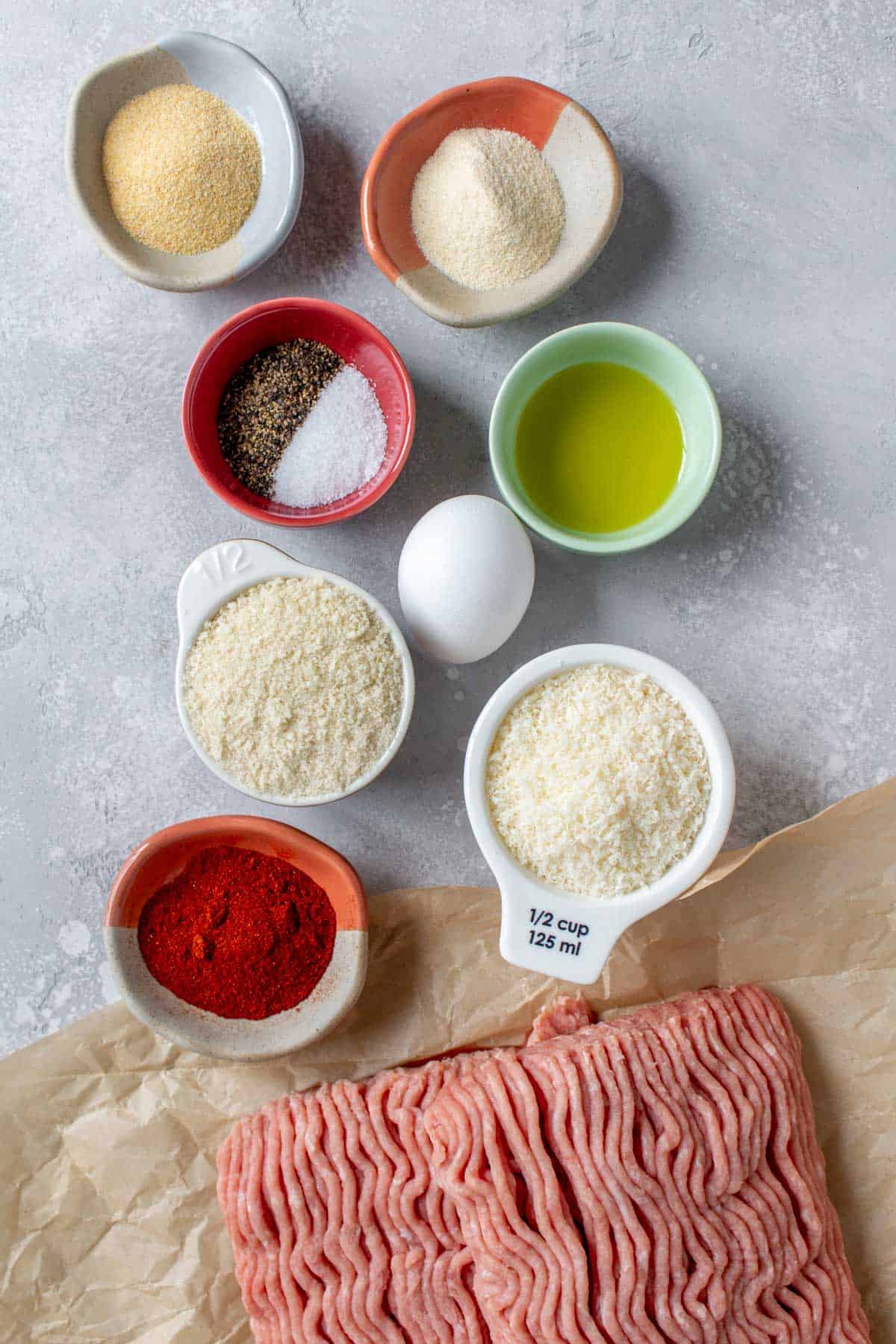 Ingredients needed to make baked turkey meatballs.