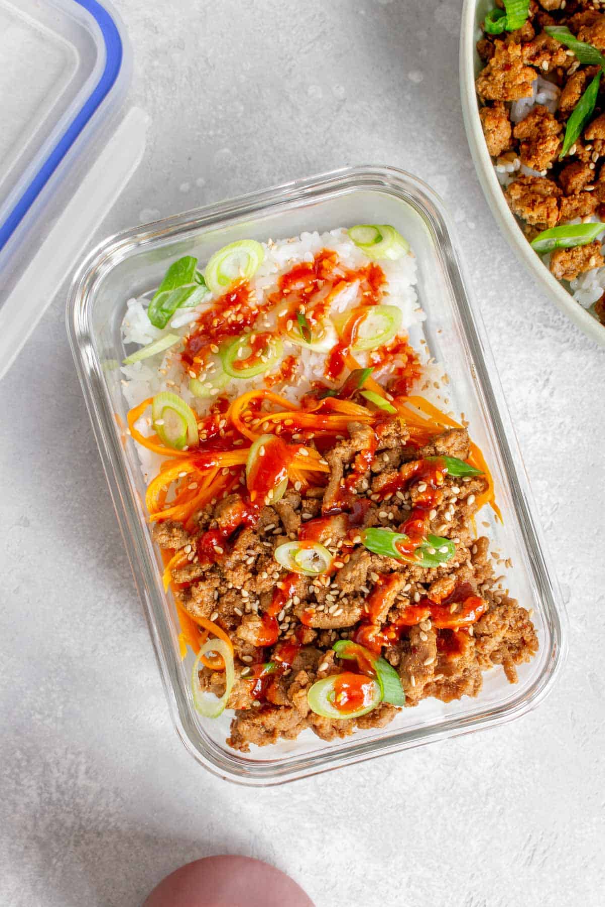 Overhead view of a meal prep container with korean ground turkey and rice.