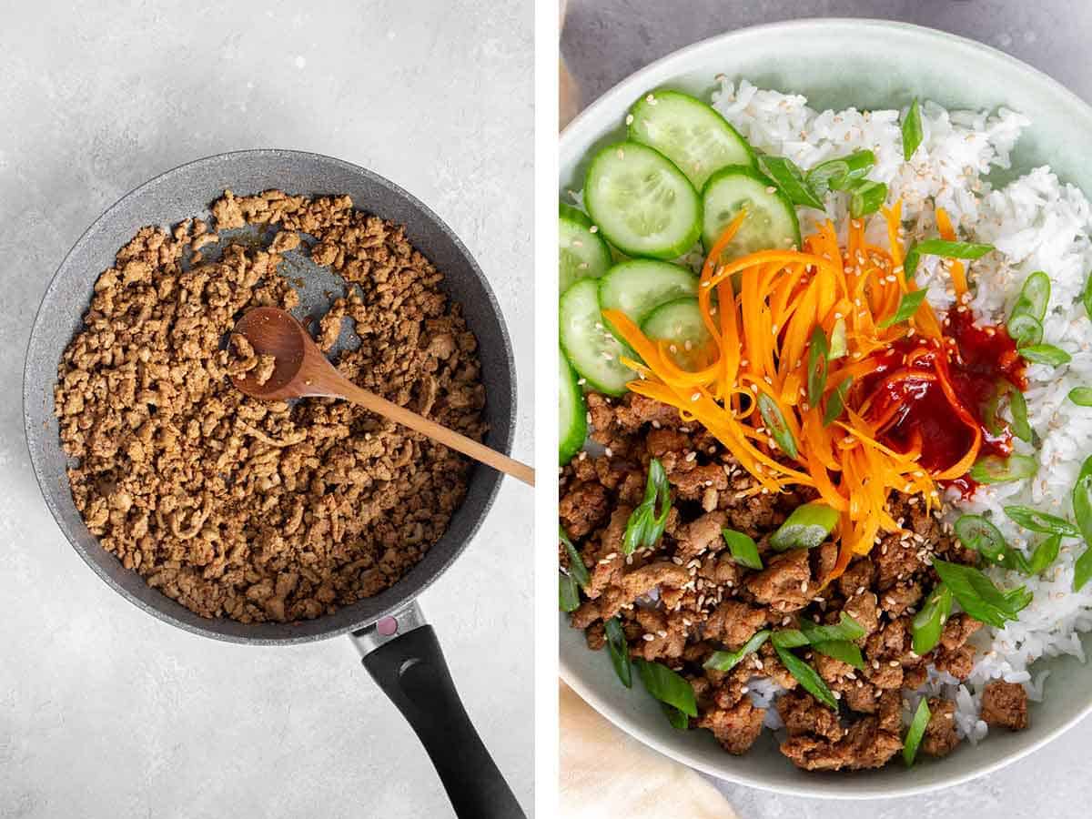 Set of two photos showing ground pork cooked and an assembled Korean turkey bowl.