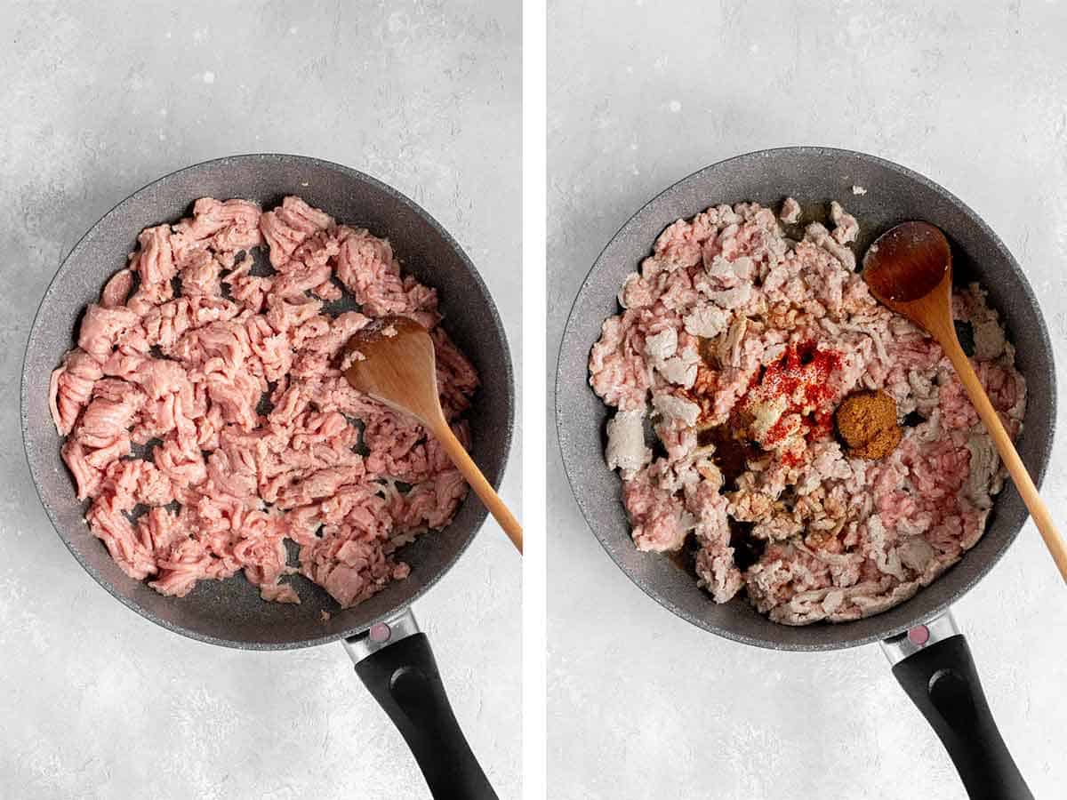Set of two photos showing ground turkey cooked in a skillet.