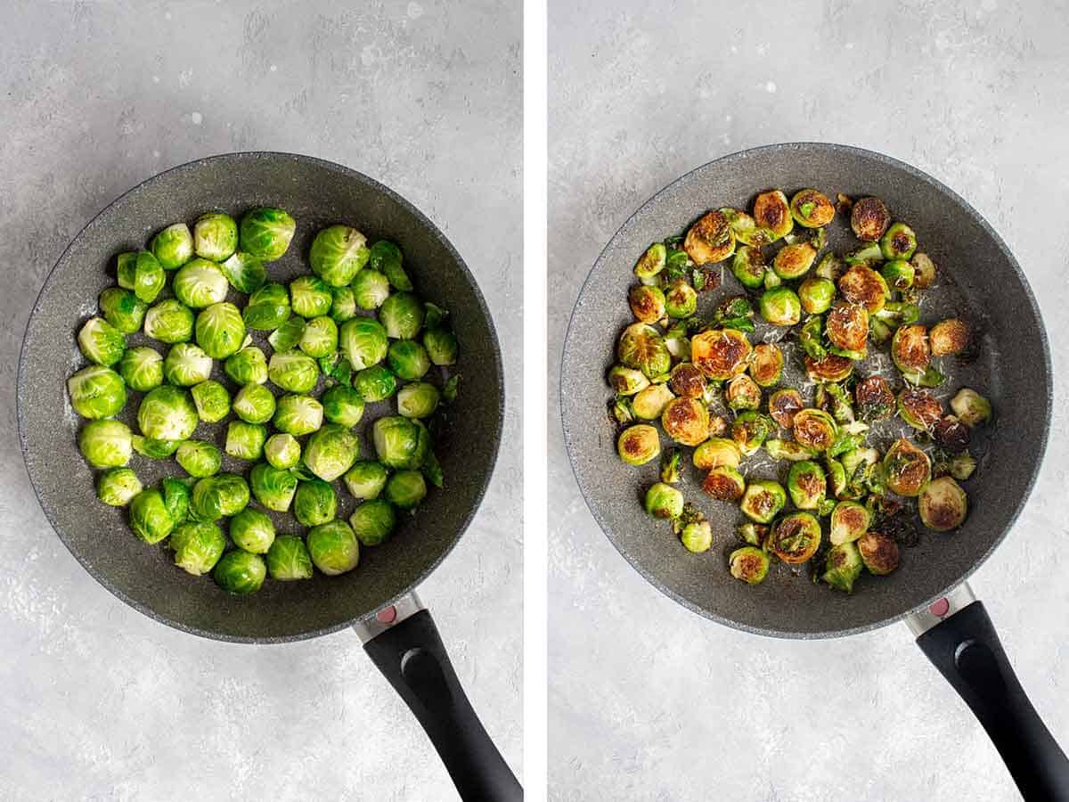 Set of two photos showing brussels sprouts inside of a skillet.