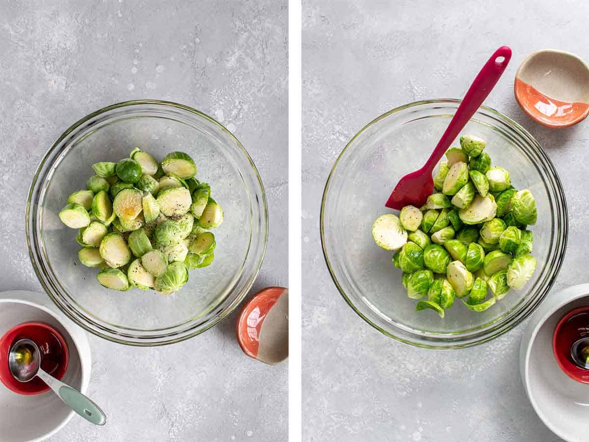 Set of two photos showing brussels sprouts seasoned.