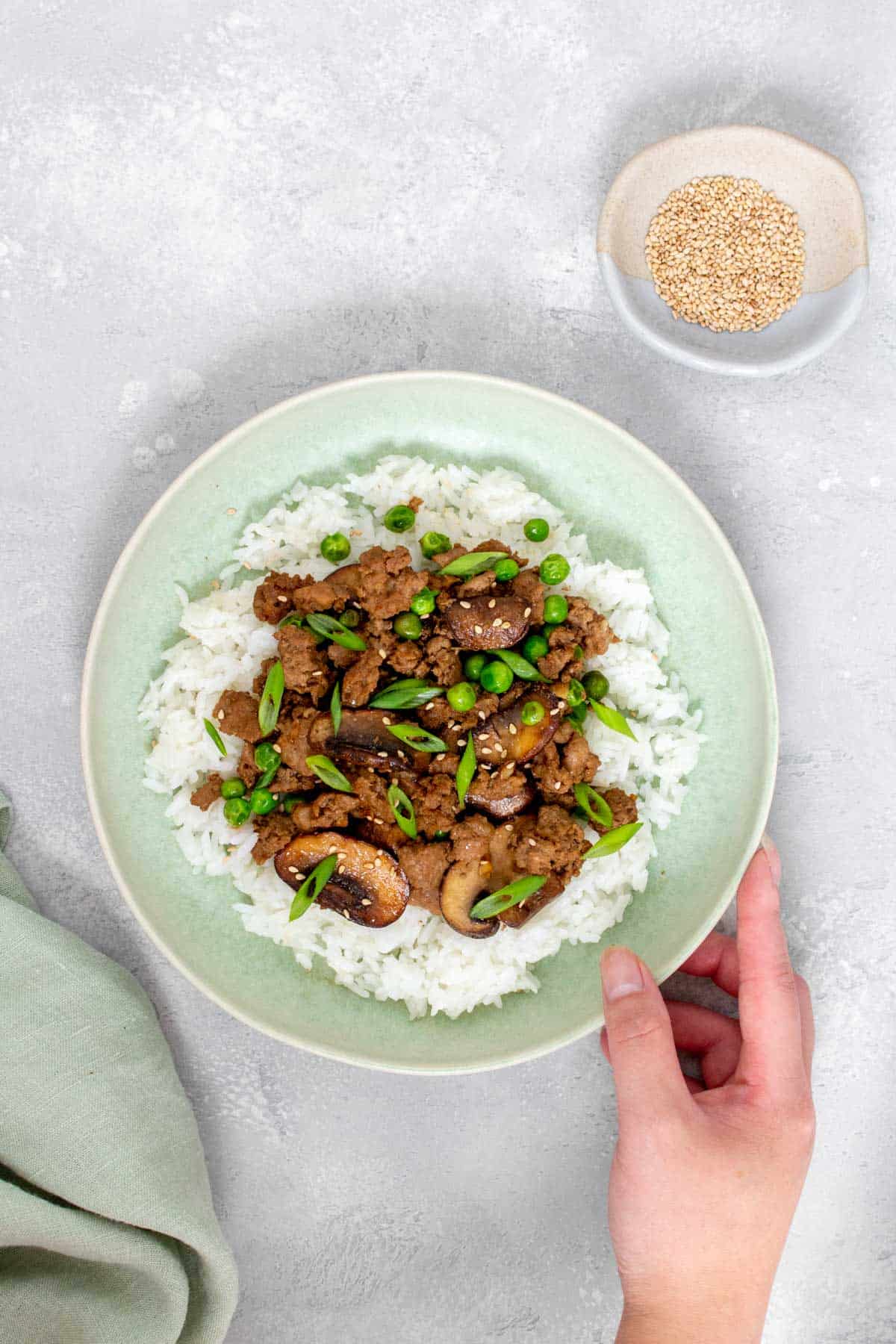 A plate of teriyaki ground pork stir fry over rice with a hand holding the plate.