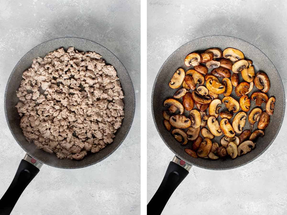 Set of two photos showing meat and mushrooms cooked separately in a skillet.