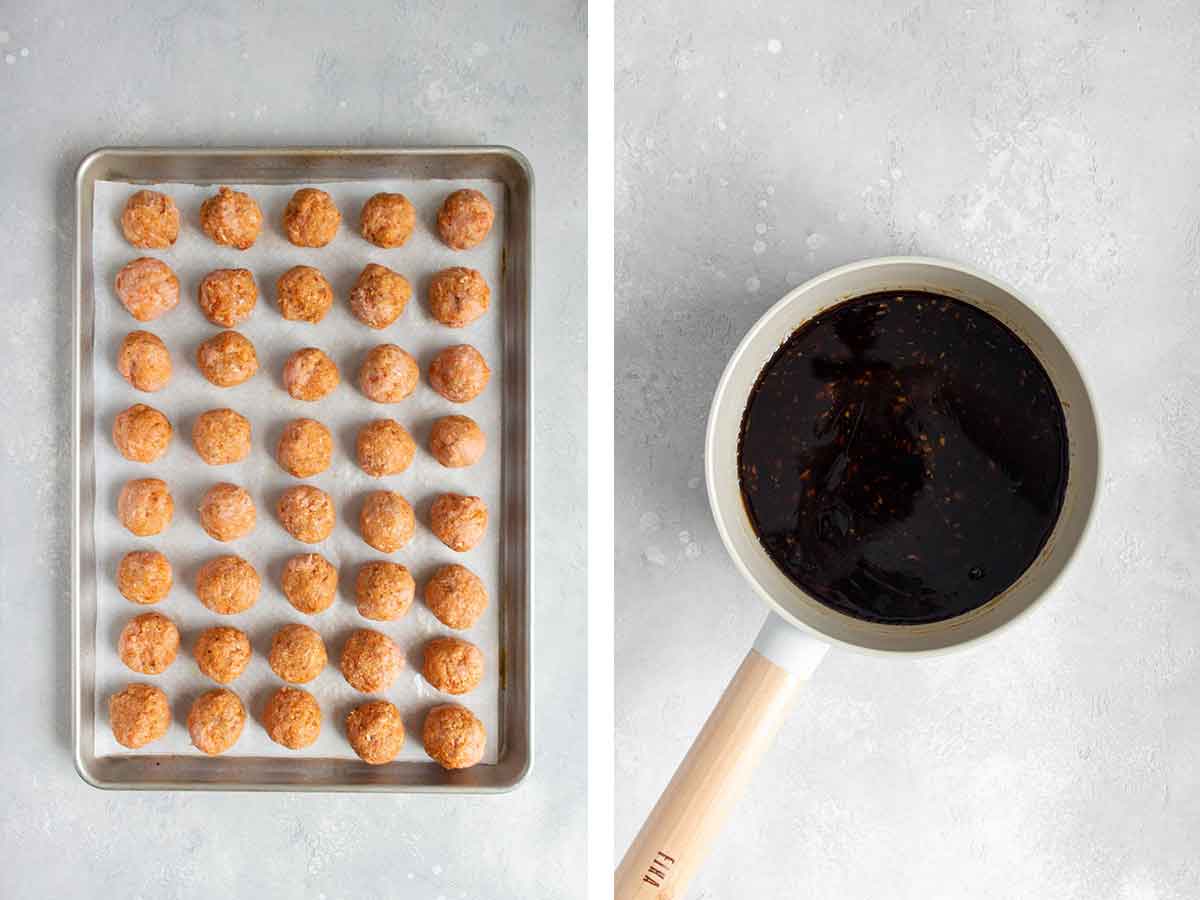Set of two photos showing meatballs on a sheet pan and sauce in a pan.