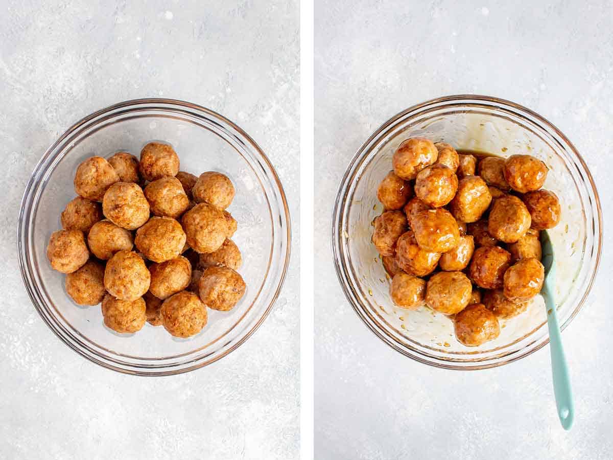Set of two photos showing meatballs coated in teriyaki sauce.