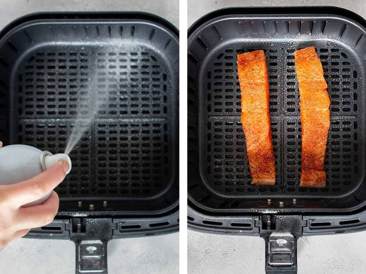 Set of two photos showing the air fryer basket sprayed with oil and two pieces of salmon added to it.