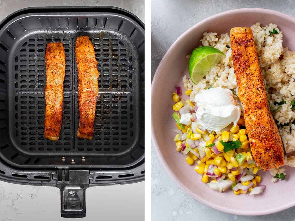 Set of two photos showing air fried salmon and a salmon burrito bowl.