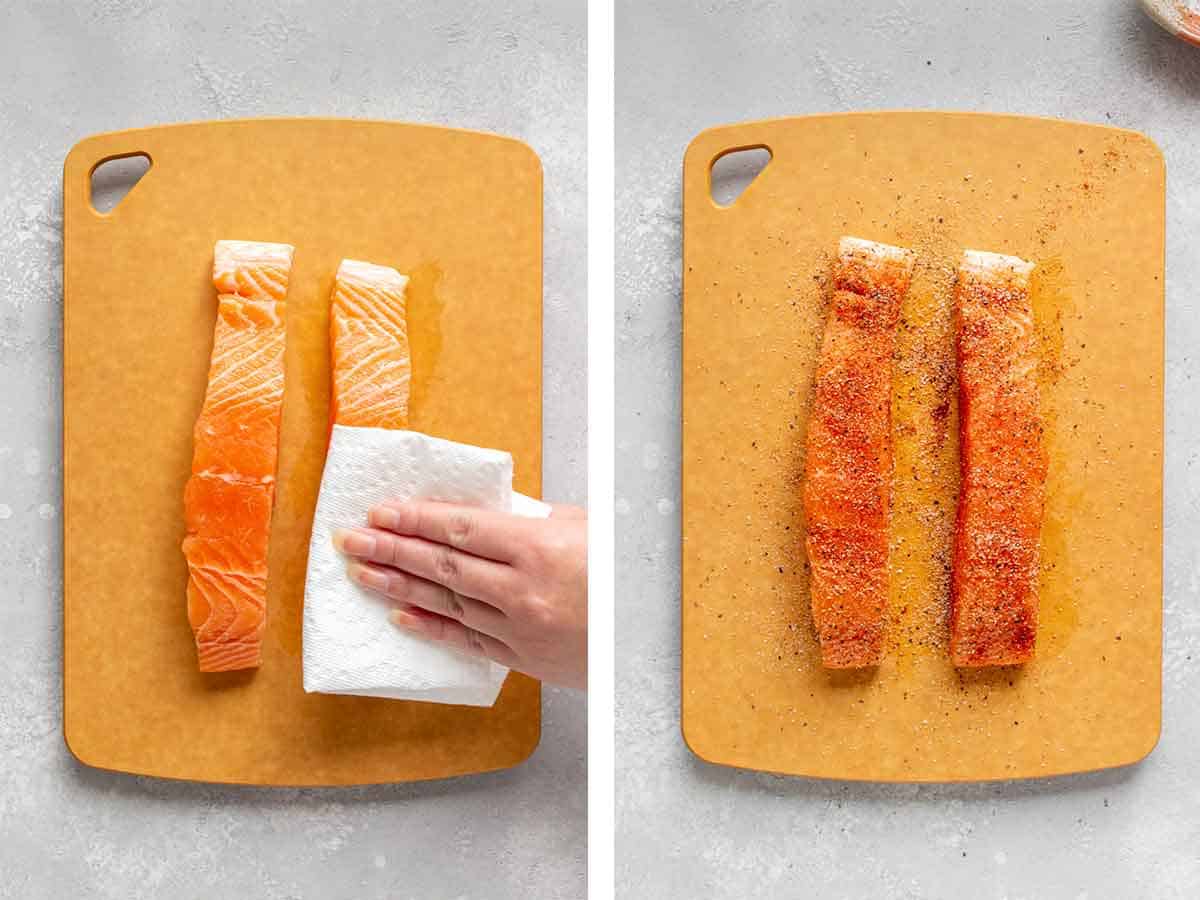 Set of two photos showing fillets pat dry with a paper towel then seasoned.