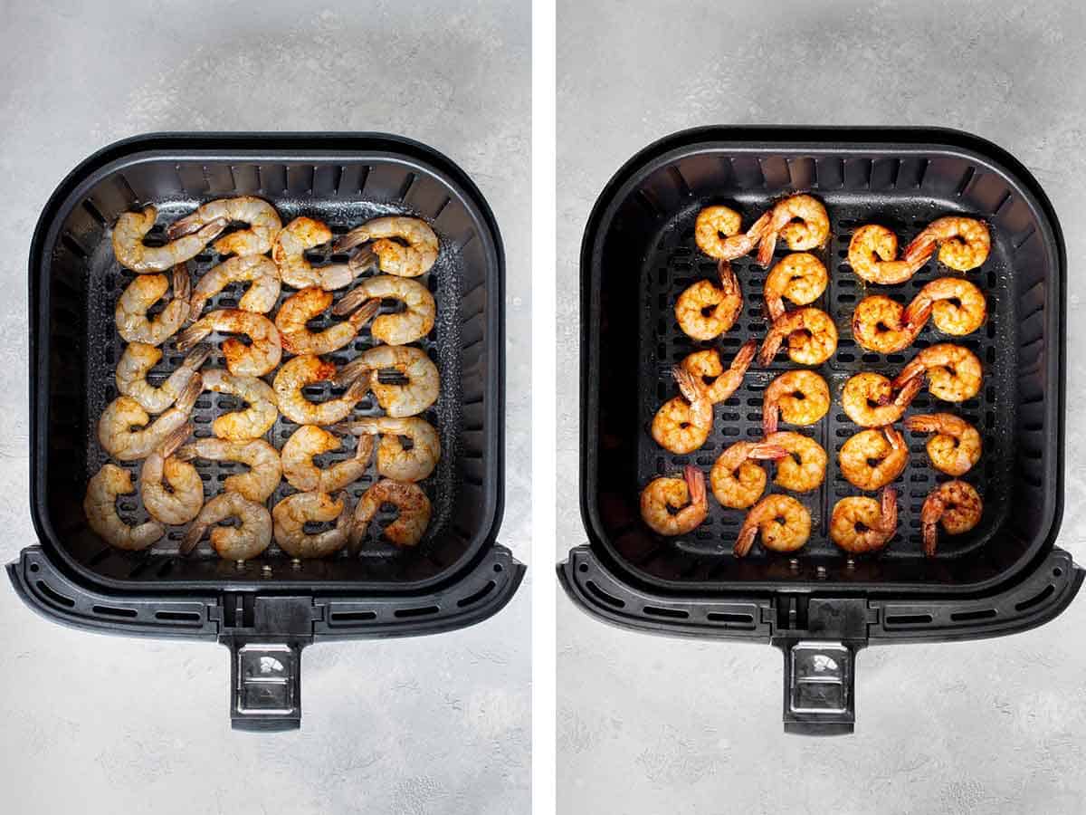 Set of two photos showing the before and after shrimp being air fried.