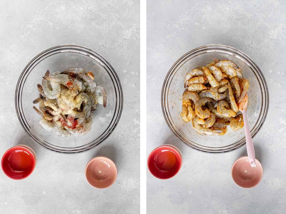 Set of two photos showing seasoning added to shrimp in a bowl.