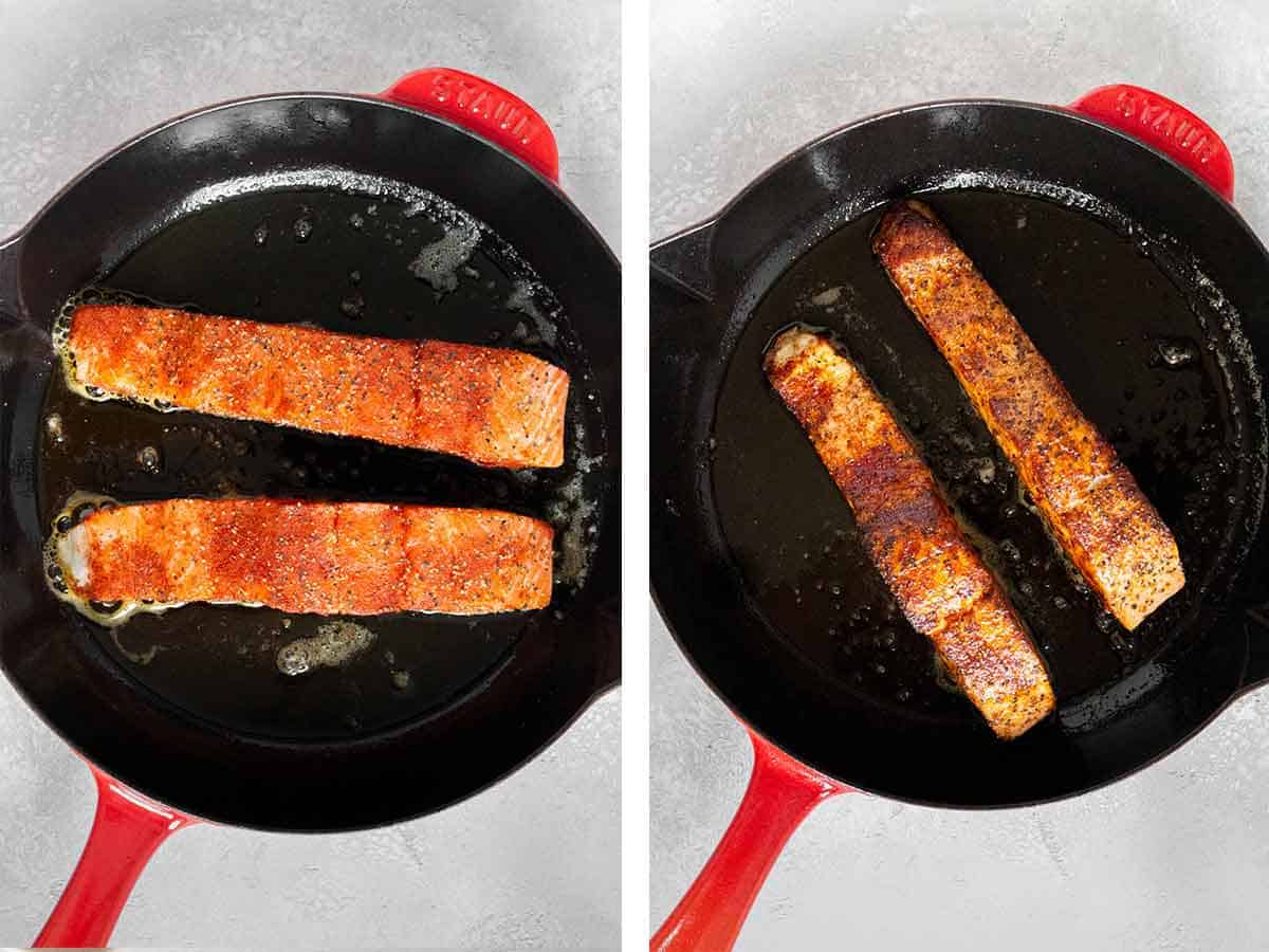 Set of two photos showing salmon seared in a cast-iron skillet.