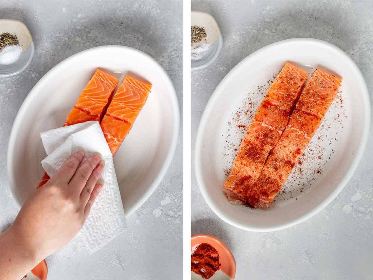 Set of two photos showing fillets pat dry with a paper towel and seasoned.