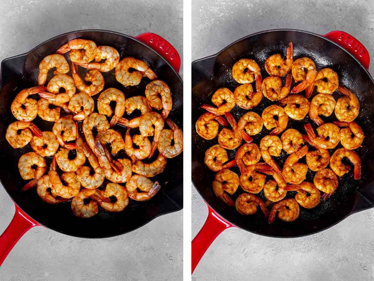 Before and after pan searing shrimp.