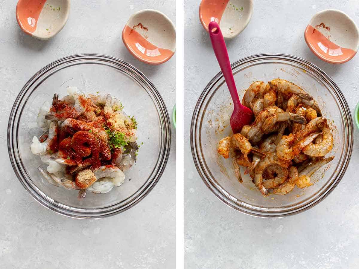 Set of two photos showing the seasoning added and coating the shrimp.