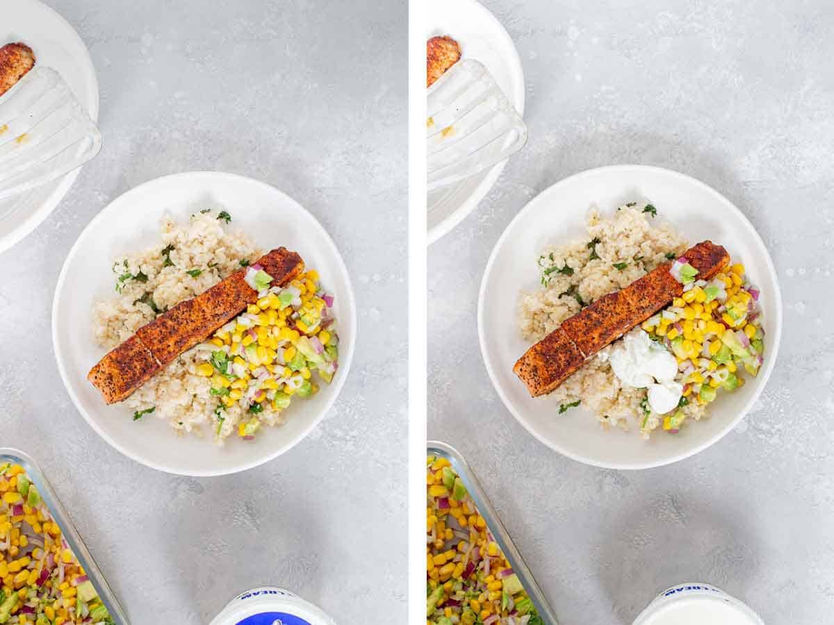 Set of two photos showing avocado corn salsa and sour cream added to the bowl.