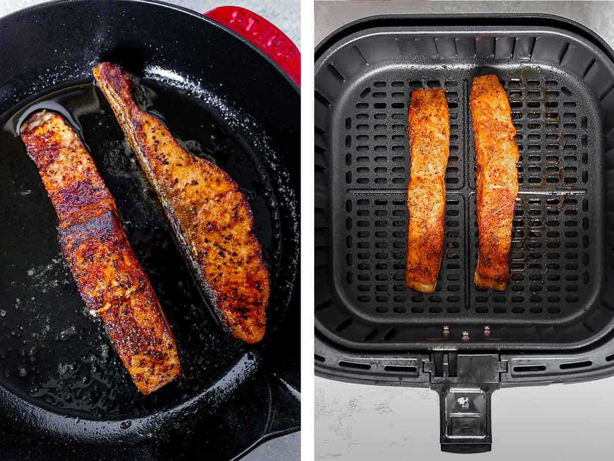 Set of two photos showing two ways to cook salmon.