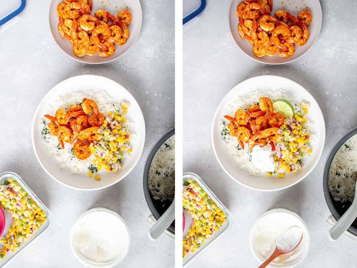 Zestaw dwóch zdjęć przedstawiających sos kukurydziany i śmietanę dodaną do dania.