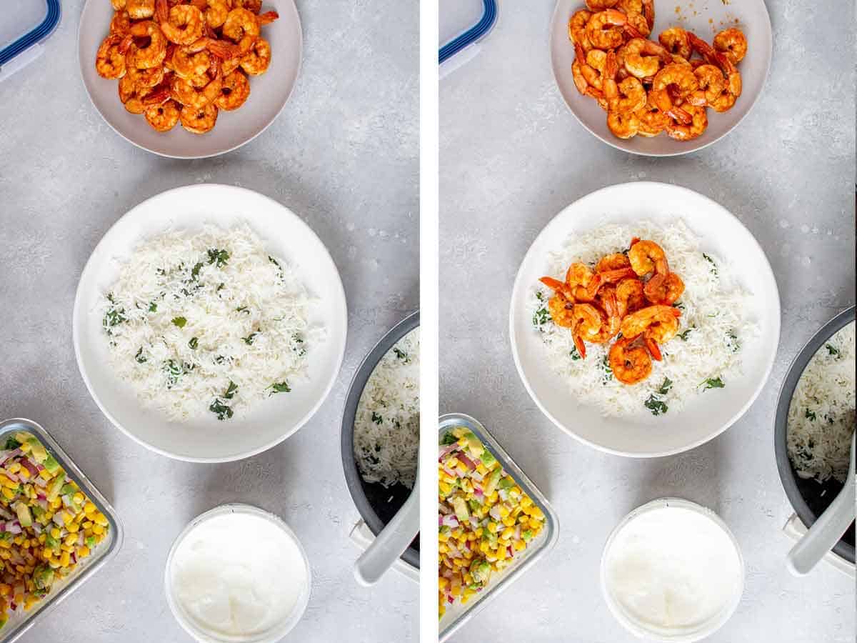 Set of two photos showing rice and shrimp added to a plate.