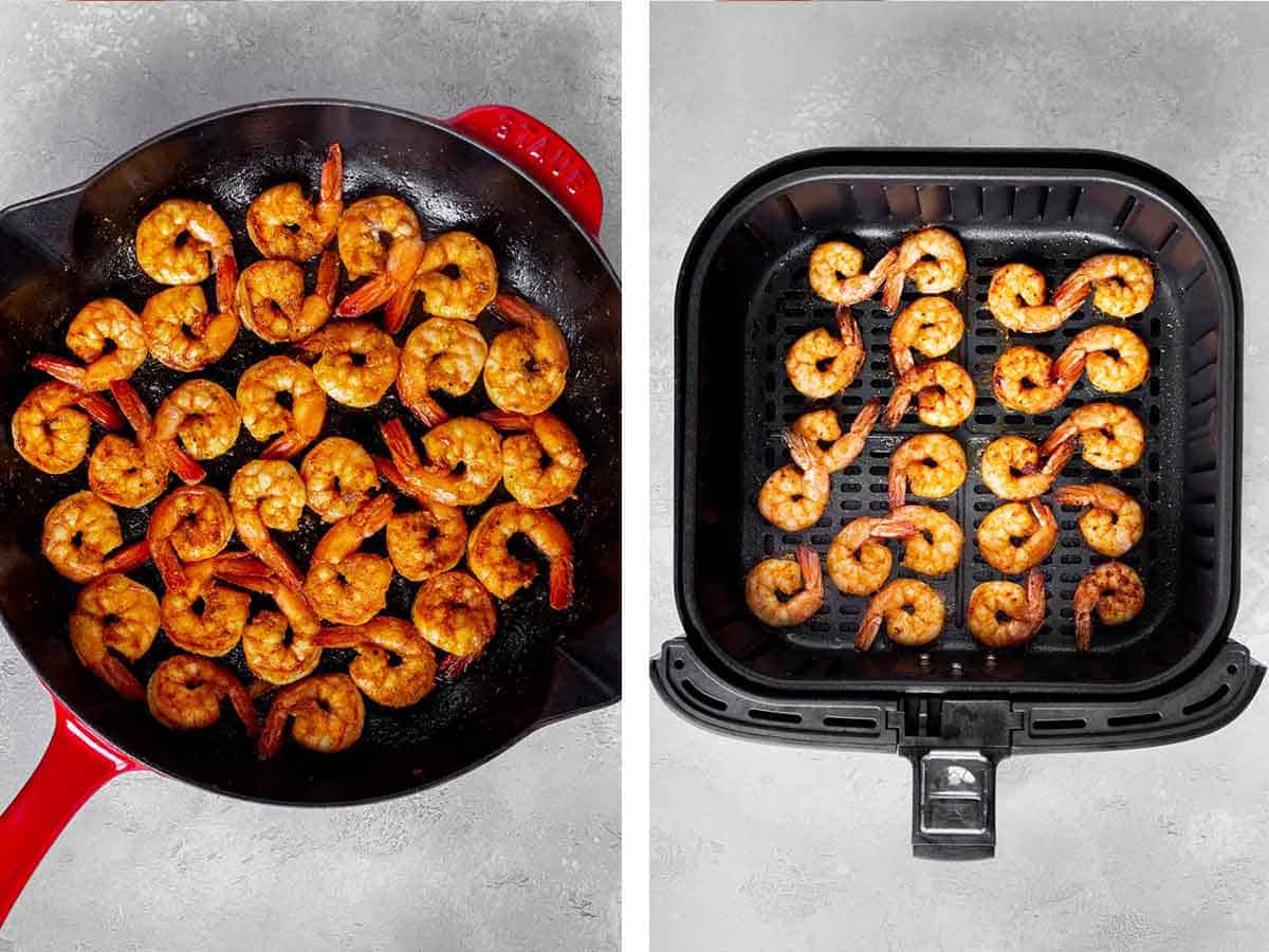 Set of two photos showing shrimp pan fried and shrimp in the air fryer.