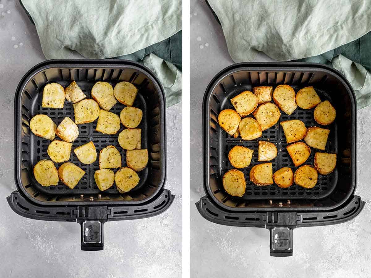 Before and after air frying bagel chips.